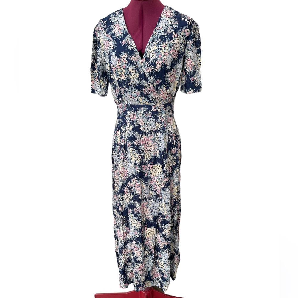 Vtg 80s Laura Ashley Blue Pastel Floral Wrap Dress Short Sleeve Cottage Sz 10 US
